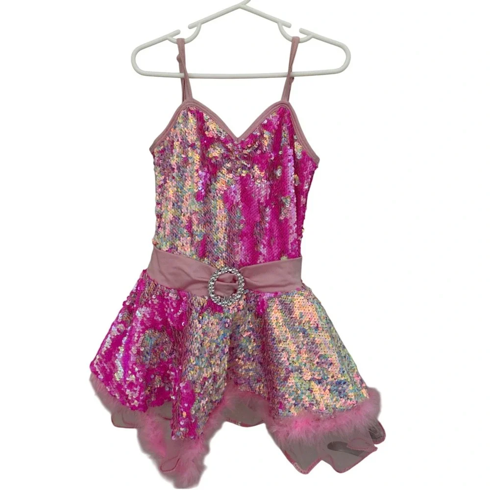 A Wish Come True Pink Sequin Dance Costume Dress with Bow Girls SC 25097Y